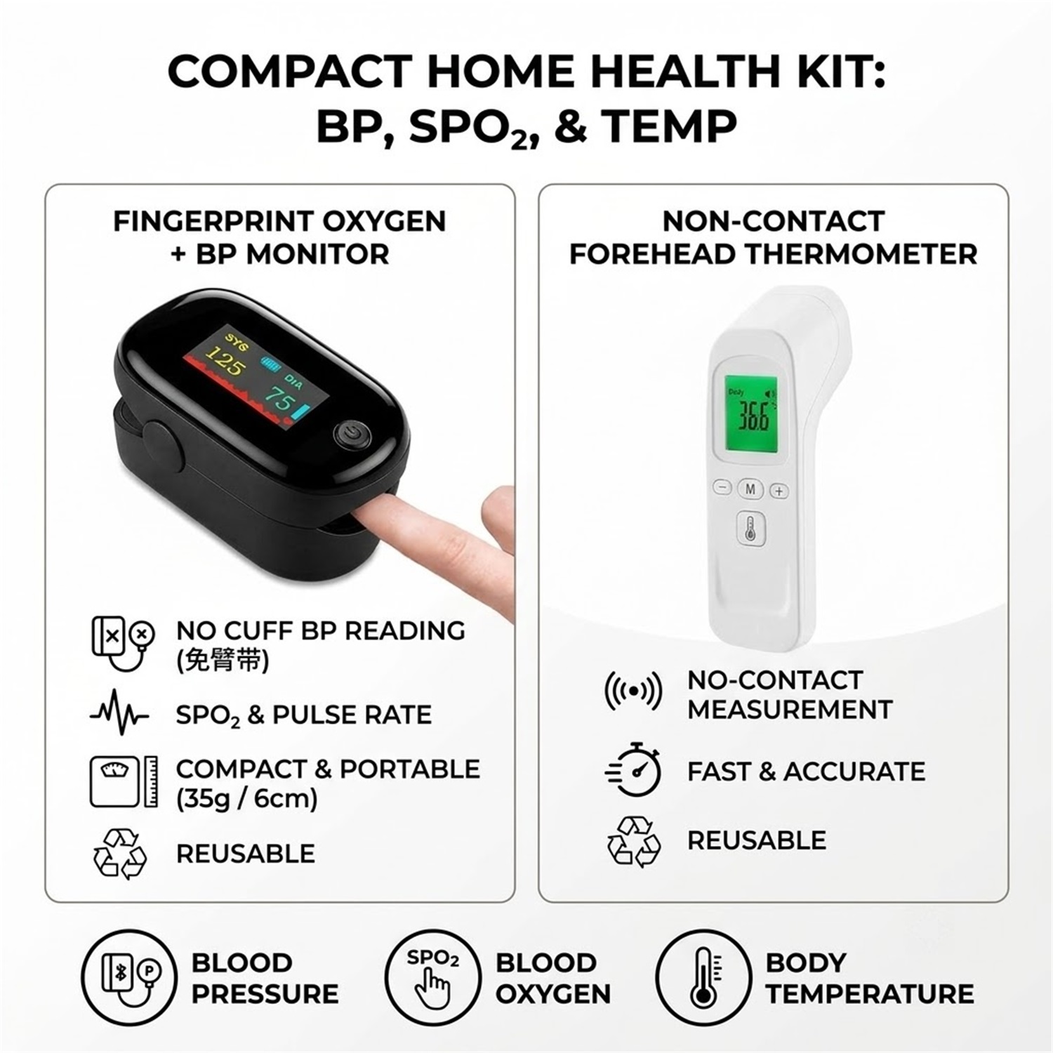 Pulse Oximeter - Body IR Thermometer Non-contact Fever Measuring